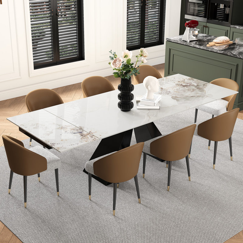 Ensemble de table de salle à manger 9 pièces en faux marbre avec plateau rectangulaire en pierre frittée extensible de 110 po et 8 chaises