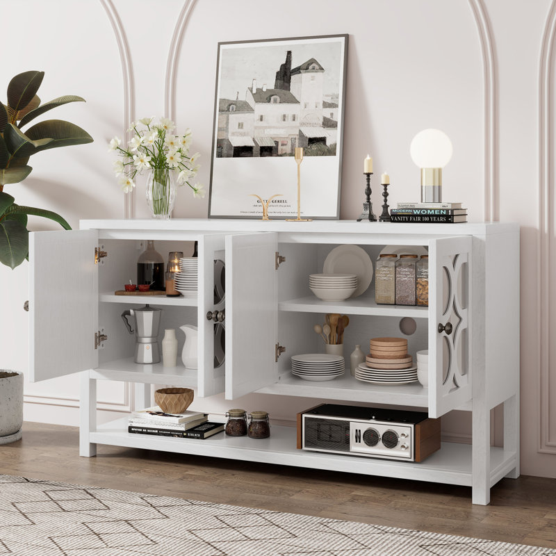 Elegant Retro Console Table/Storage Cabinet/Sideboard With Mirrored Doors, Antique White