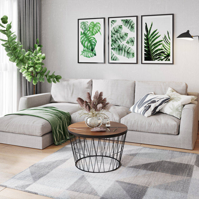 Round Coffee Table with Geometric Metal Base - Small Modern Accent Table for Living Room - Mid-Century Coffee Table