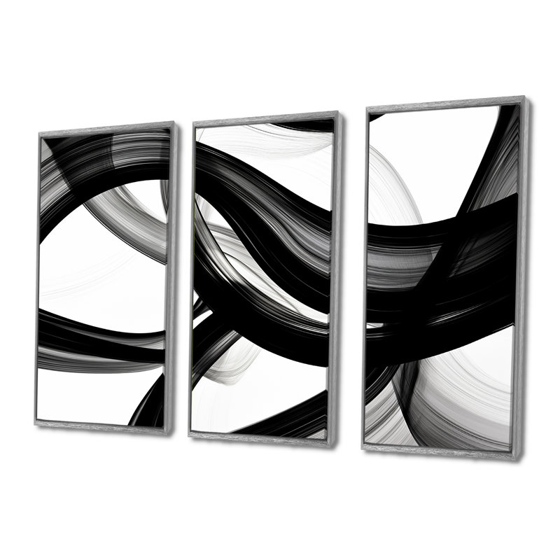 Vagues abstraites blanc noir tourbillons - ensemble d'art mural paysage urbain, Encadrement argenté