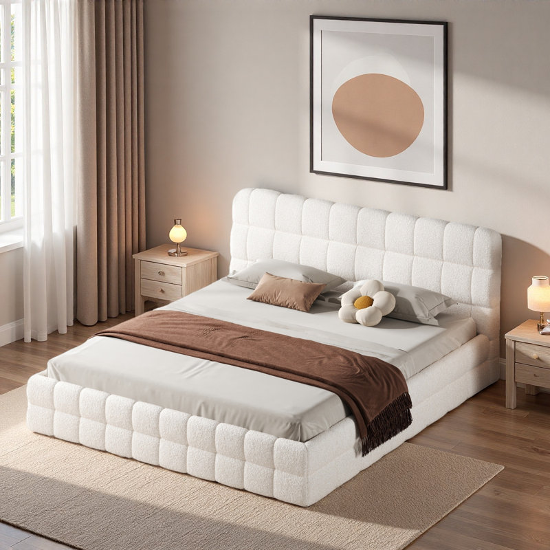 Élégant lit plateforme tapissier avec coutures et soutien solide, Blanc