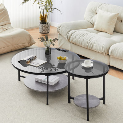 Coffee Table Set,Round Nesting Coffee Table,Glass End Side Table For Living Room With Black Cross Metal Frame