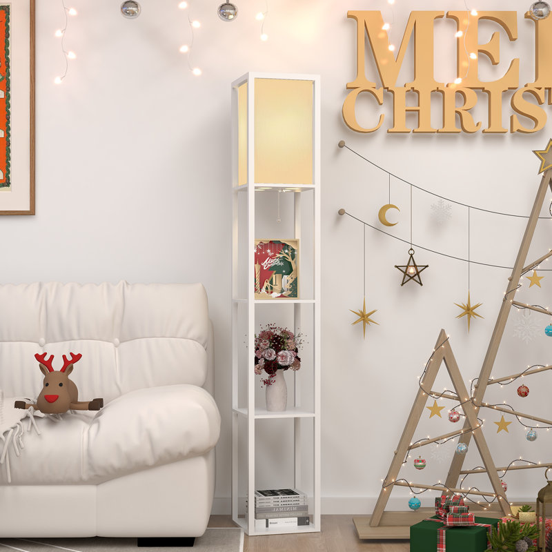 LED Shelf Floor Lamp, Wooden Reading Standing Light with Storage, Living Room Office, White