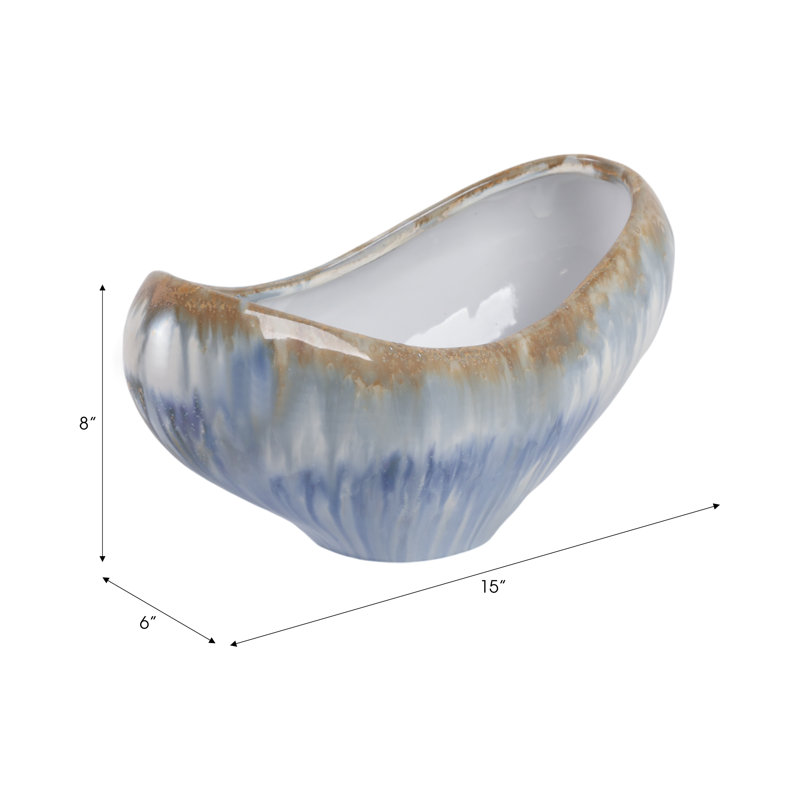 Stoneware Ceramic Bowl With Sculptural Design And Glazed Finish, 8" H X 15" W X 6" D