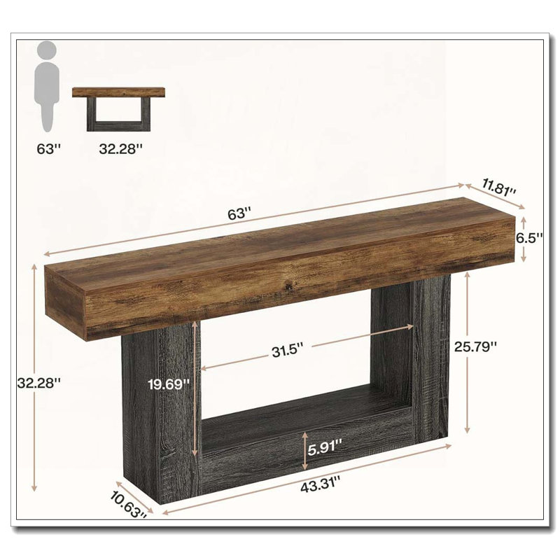 Farmhouse Two-Tier Console Table with U-Shaped Base Storage, Gray
