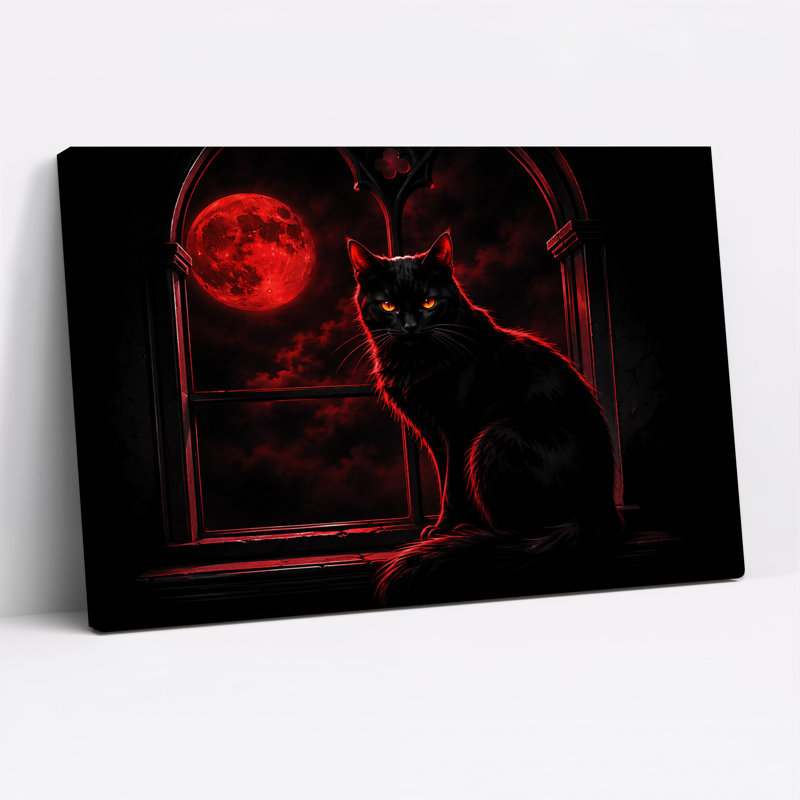 Art mural sur toile, "Chat noir à lune rouge", 12"H x 18"W