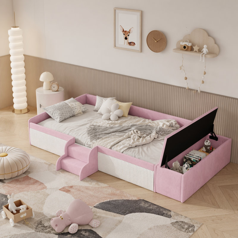 Lit de jour rembourré en velours avec escalier, repose-pieds avec vérin à gaz, Twin, Pink+White