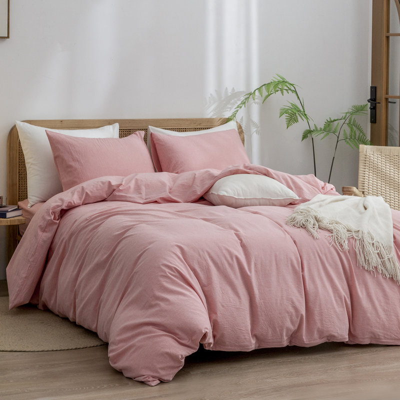 BESTOUCH Duvet Cover Set 100% Washed Cotton Linen Feel Lightweight, Red Pink