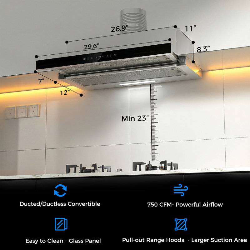 Hotte sous l'armoire / insert de 30 pouces, hotte de cuisine avec 750 pi³ / min, détection de geste à 3 vitesses et contrôle tactile, hotte en acier inoxydable avec panneau coulissant, lumières à DEL, 2 filtres en aluminium