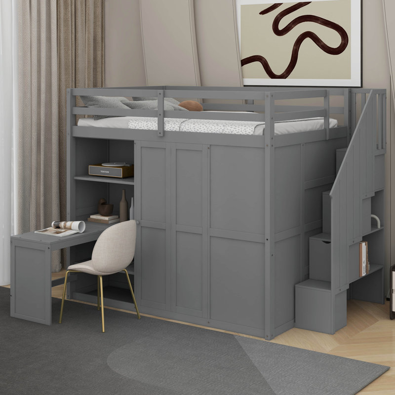 Lit mezzanine double avec garde-robe, bureau et tablettes, Gris