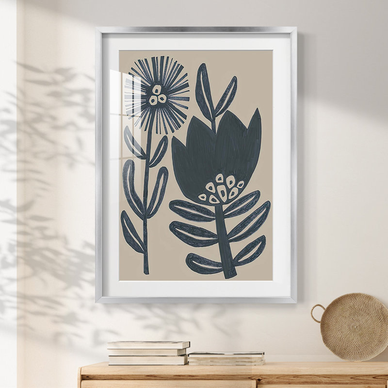 «Blockprint Folk Flowers I», impression encadrée, H 25,5 po x l 17,5 po, Argent argent