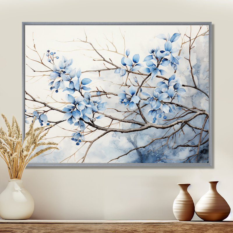 Art sur toile, feuilles bleues et grises, H 16 po x l 32 po x P 1 po, Encadrement argenté