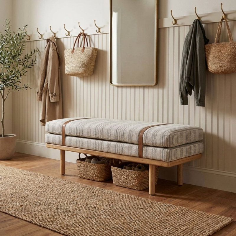 Banc rembourré Azayvion avec base en bois, Grey Woven Stripes