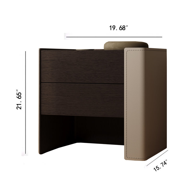 Mid-Century Modern Nightstand Wood and Leather Bedside Table, Minimalist Bedroom Side Table with 2-Drawer for Bedroom, Dorm and Living Room