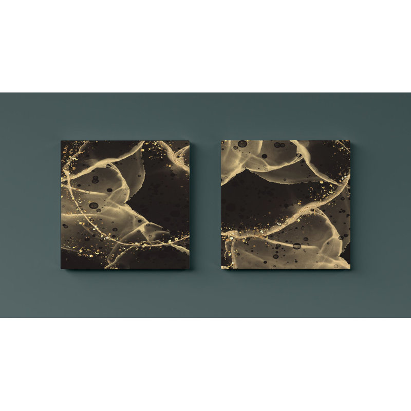 Superbe ensemble de 2 toiles décoratives, dorées et noires, 15,7 po x 15,7 po chacune | 100% toile avec cadre 100% bois | Parfait pour la décoration intérieure, l'esthétique d'art moderne, le design élégant et accrocheur