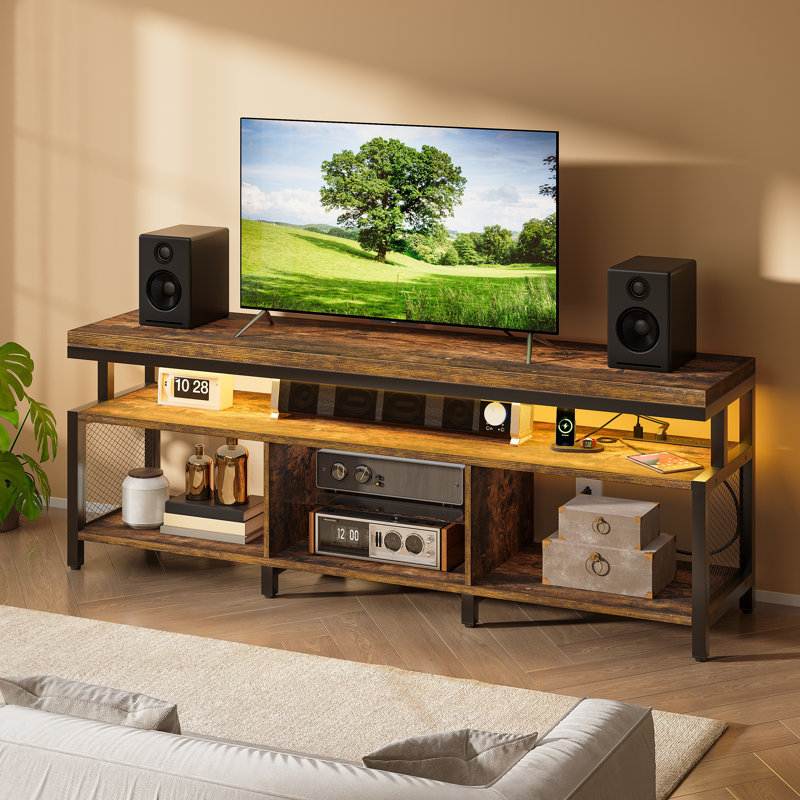 Palermo Industrial LED TV Stands, Multifunctional Media Console with Built-in Power Outlet, Rustic Brown/Black