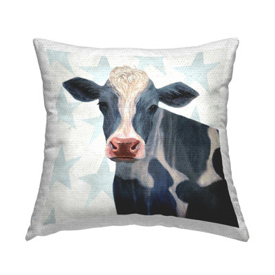 Patriotic Farm Cow Painting with Blue Stars Outdoor Printed Pillow by Victoria Borges