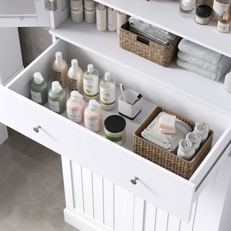 White 70.8'' Wooden Bathroom Cabinet with Glass Doors and Drawer