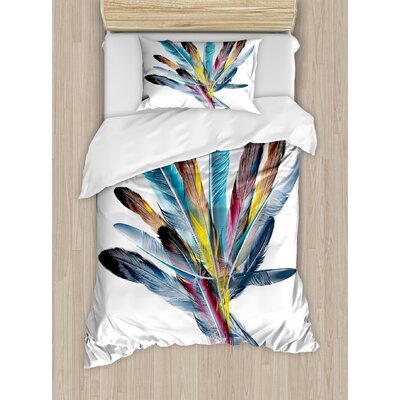 Feather House Inspirational Bouquet of Types of Colorful Retro Quill Pen Feather Figures Duvet Cover Set -  Ambesonne, nev_20233_twin