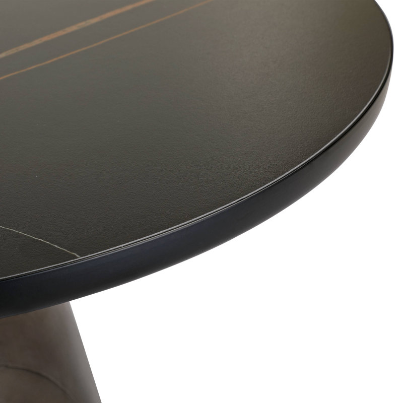Table basse ronde de 30 po en verre / plateau en pierre frittée avec rebord noir thermolaqué et base en verre trempé, Gris