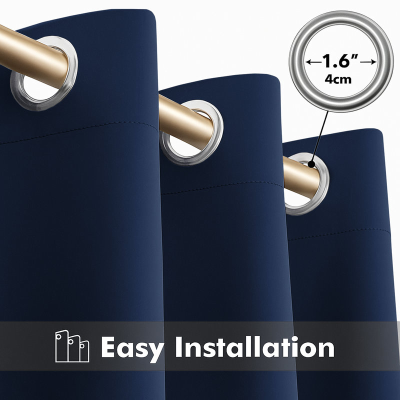 Luxury Plain 100% Blackout Curtains 2 Panel Eyelet Room Curtain, 117cm W x 137cm L, Navy