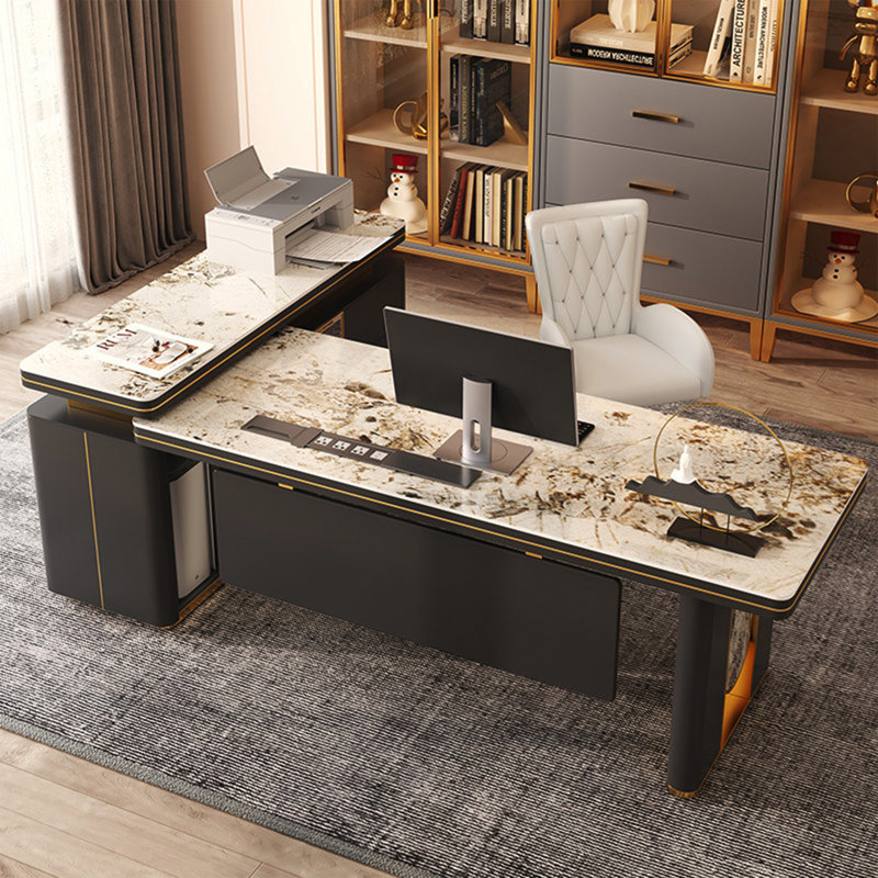 Bureau de coin léger en pierre frittée en forme de L, table de bureau en acier inoxydable au fini cuit au four léger, bureau d'écriture d'ordinateur moderne avec cabinet de rangement attaché