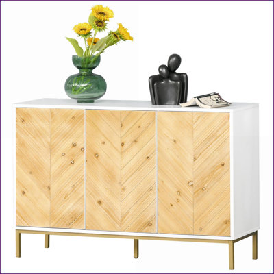 Buffet Buffets, 3 portes modernes en bois naturel avec chevron, tablettes réglables | Bois aggloméré + acier