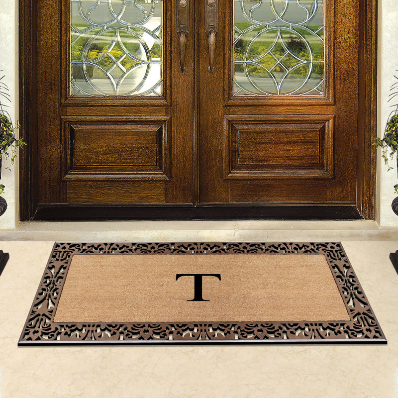 Dyari Natural Coir & Rubber Paisley Border Monogram Non-Slip Door Mat, 30"x60", Bronze, Heavy-Duty Low-Profile Outdoor Front Porch