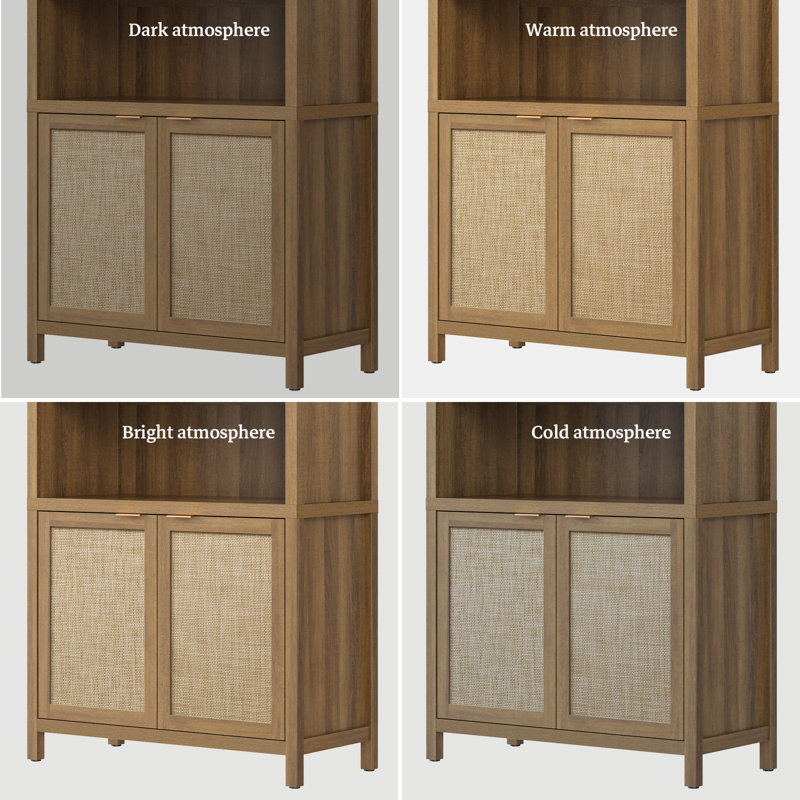 84.25''H Rattan Arched Bookcase With Adjustable Shelf, Caramel Oak