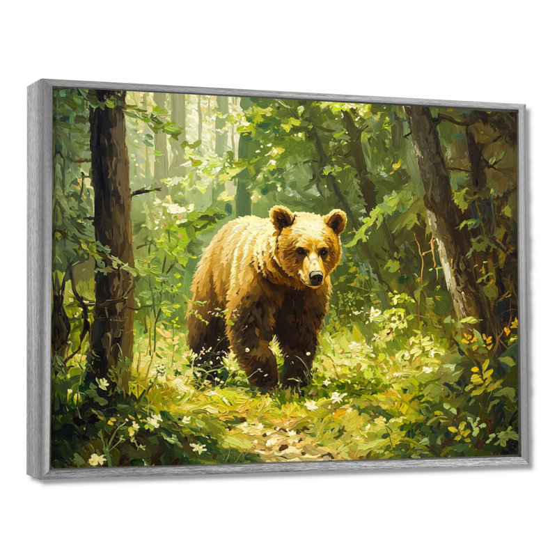 Ours dans la forêt du printemps I - art mural ours, H 12 po x l 20 po, Avec cadre, Argent argent
