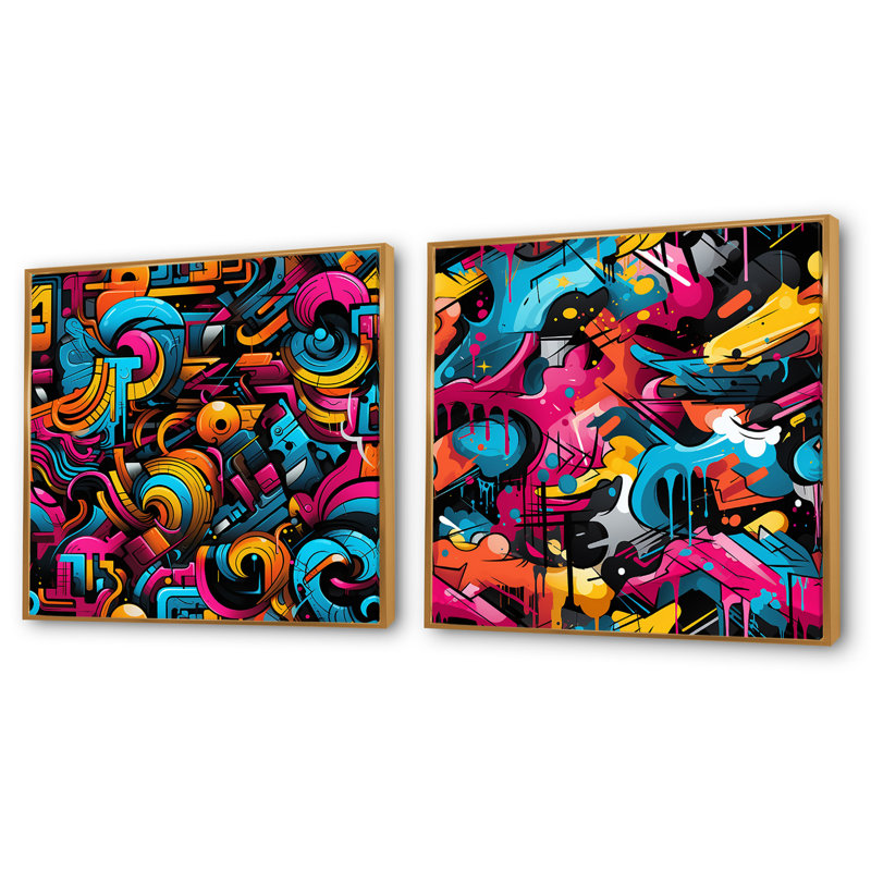 Christien - Ensemble de 2 collages carrés à formes abstraites, Cadre flottant doré, H 36 po x l 73 po