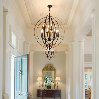 Lustre noir à 12 lumières, luminaire de style campagnard pour hall d'entrée, grand lustre de 80 cm (31,5 po) pour hauts plafonds, luminaire moderne pour salle à manger, salon, escalier, entrée