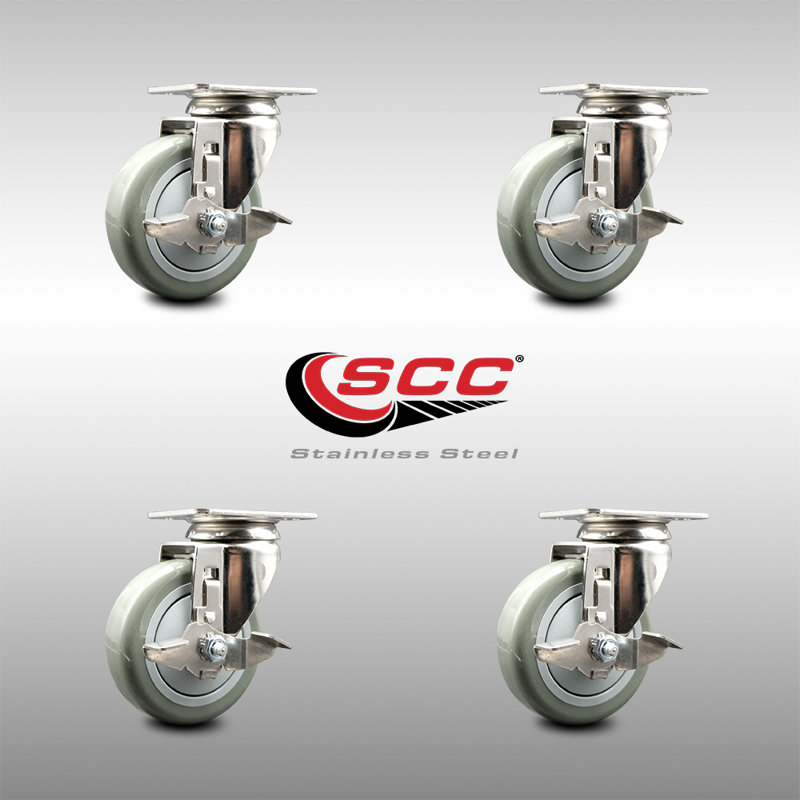 Ensemble de roulettes à plateau pivotant en polyuréthane 316SS avec frein SCC, gris