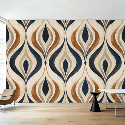 Papier peint adhésif rétro à motif géométrique à vagues géométriques bleu marine et brun H 100 po x l 144 po, papier peint amovible en PVC, adhésif pour chambre à coucher, bureau à domicile