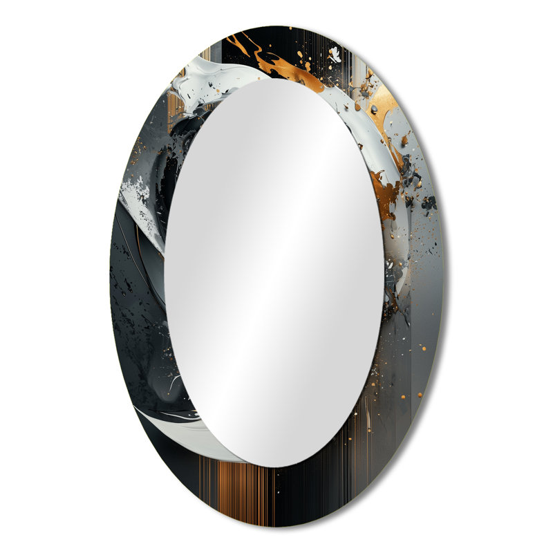 Black And Gold Abstract Shapes And Lines IV - Gold Modern Oval Wall Mirror, 36" x 24"