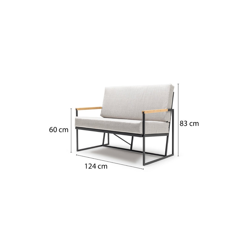 Canapé de jardin moderne 2 places, beige et noir | Structure en métal (0,8 x 0,8 pi, 0,04 po d'épaisseur) avec tissu 100% lin | Accoudoirs de charme élégants, parfaits pour la détente en plein air et les espaces contemporains, design durable et él?