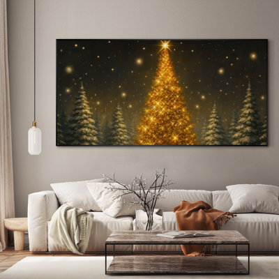Très grand art mural imprimé sur toile - Arbre de Noël doré brillant, décoration de salon d'hiver - «Assemblage requis du cadre (cadre non fini)»