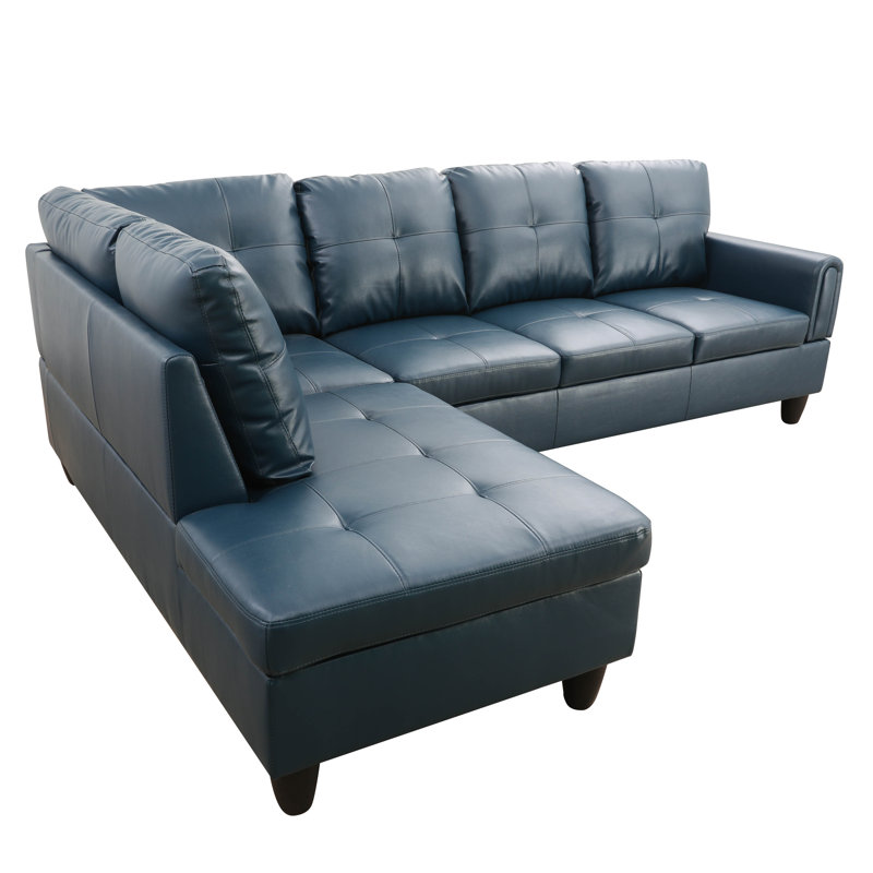 Faux 3-Piece Leather Living Room Sofa Set, Blue Faux Leather, Left Hand Facing
