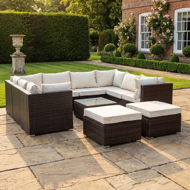 Taraf 268cm Wide U-Shaped Wicker Patio Sectional Set, Brown