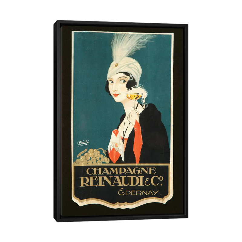 «Champagne Renaudi & Co.» Impression sur toile, H 26 po x l 18 po x P 1,5 po, Toile avec cadre noir, Pas de tapis