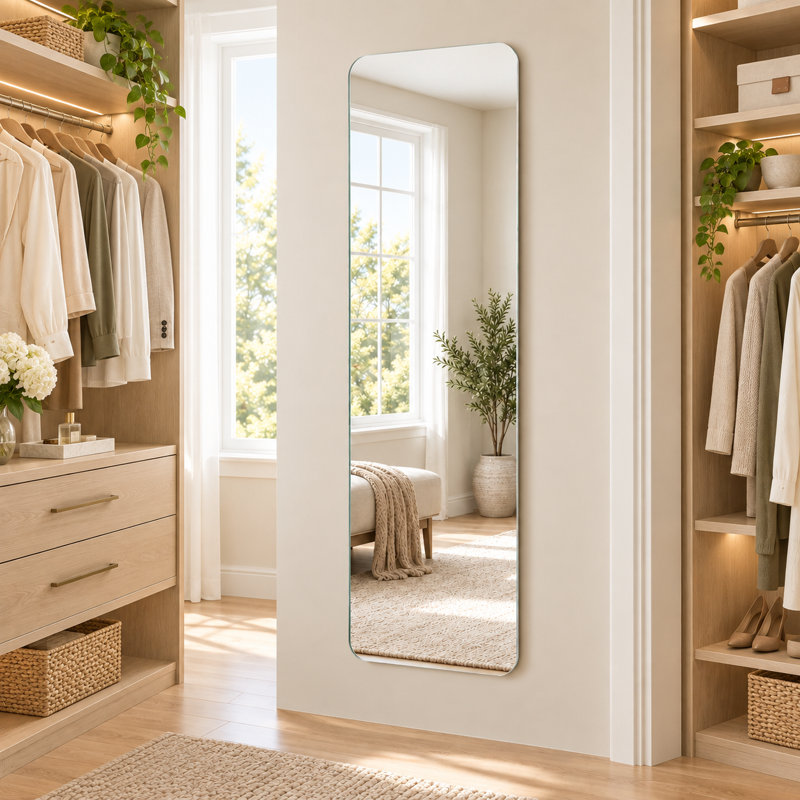 59" x 16" Slim Frameless Full Length Mirror with 5mm HD Silver Glass, Shatter-Resistant Safety Backing and Rounded Corners