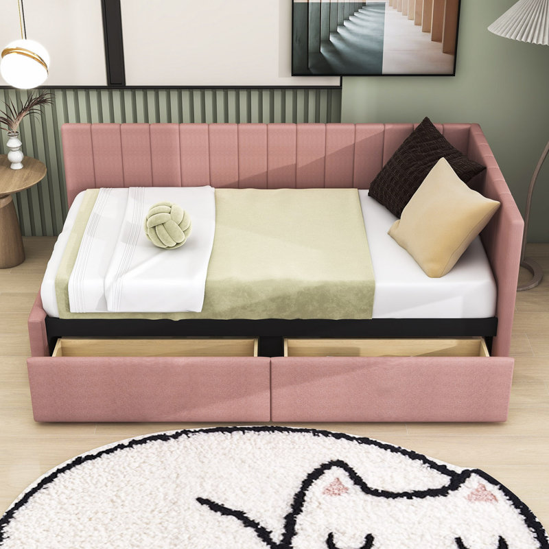 Upholstered Daybed With 2 Storage Drawers, Pink, Twin
