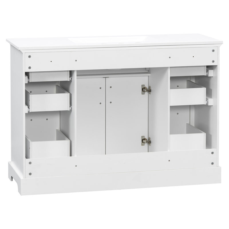 Meuble-lavabo blanc de 121,4 cm (47,8 po) avec lavabo, 6 tiroirs et 2 portes à fermeture amortie, structure robuste.