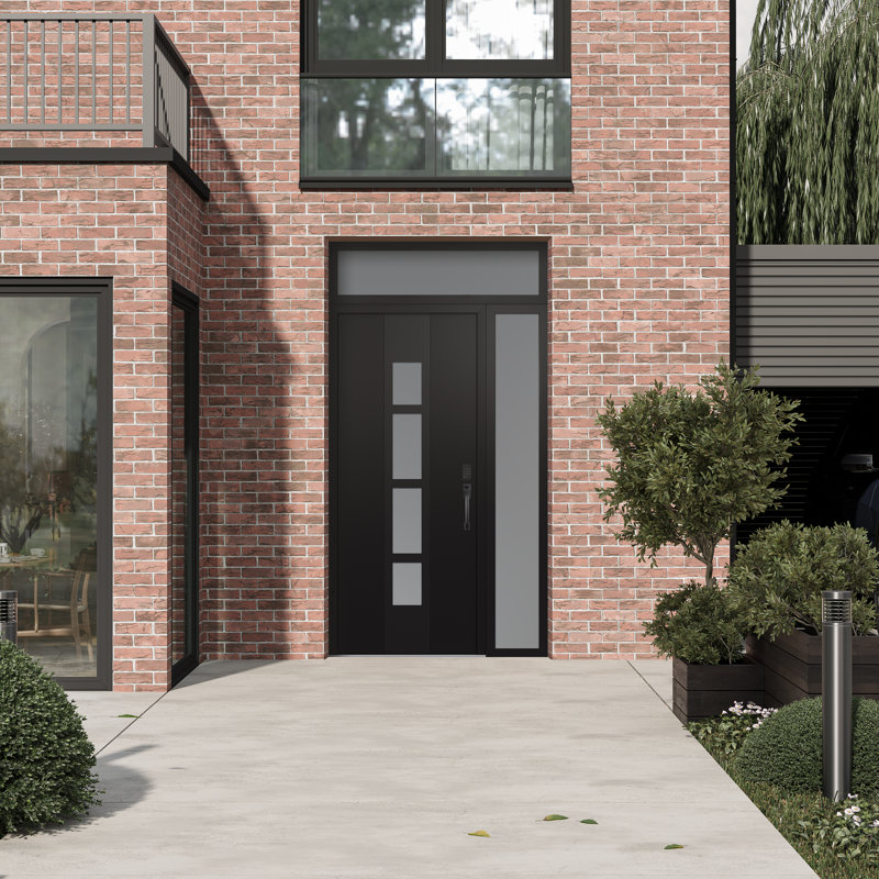 Porte d'entrée pré-suspendue en acier à panneau noir Diamond A10 avec panneau latéral et traverse, L 49,25 po x H 95,69 po