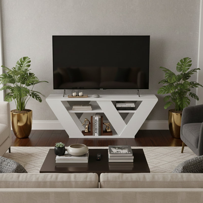 Meuble télé double V minimaliste pour téléviseur de 49 po ou moins, Porcelaine
