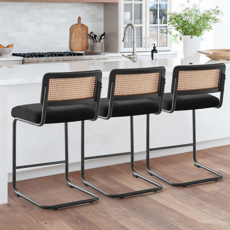 Black Velvet Upholstered Cane Back Counter Stools with Metal Frame, Set of 3