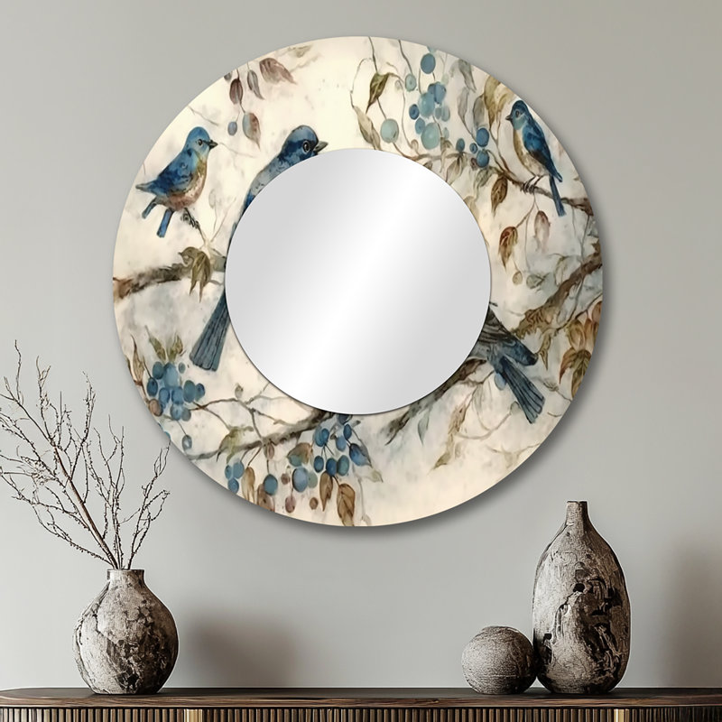 Quatre oiseaux bleus rétro sur une branche IV - décor de miroir mural unique oiseau, 29 po x 29 po