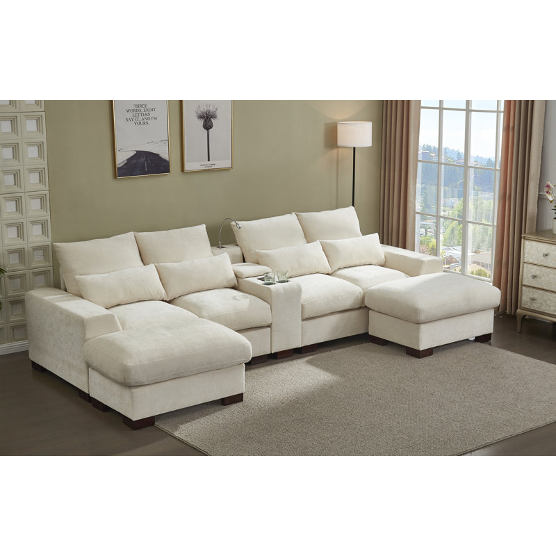131.5” W Oversized 6-seater Composable Modular Sofa With Cupholder Console  With Usb Port And 2 Ottomans, Beige Chenille
