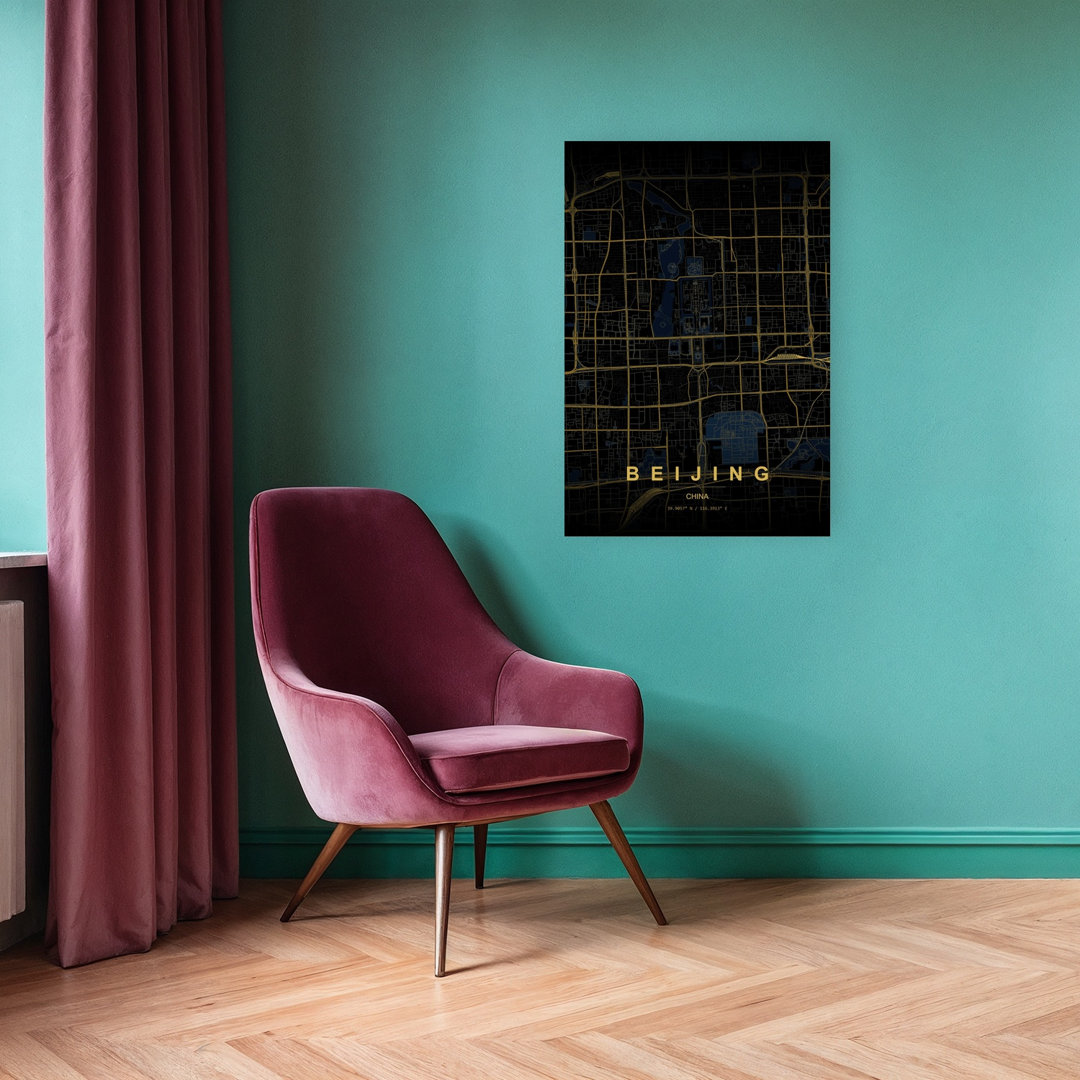 Golden Beijing Map Geometric Minimalist Modern Architecture City Wall Art Print