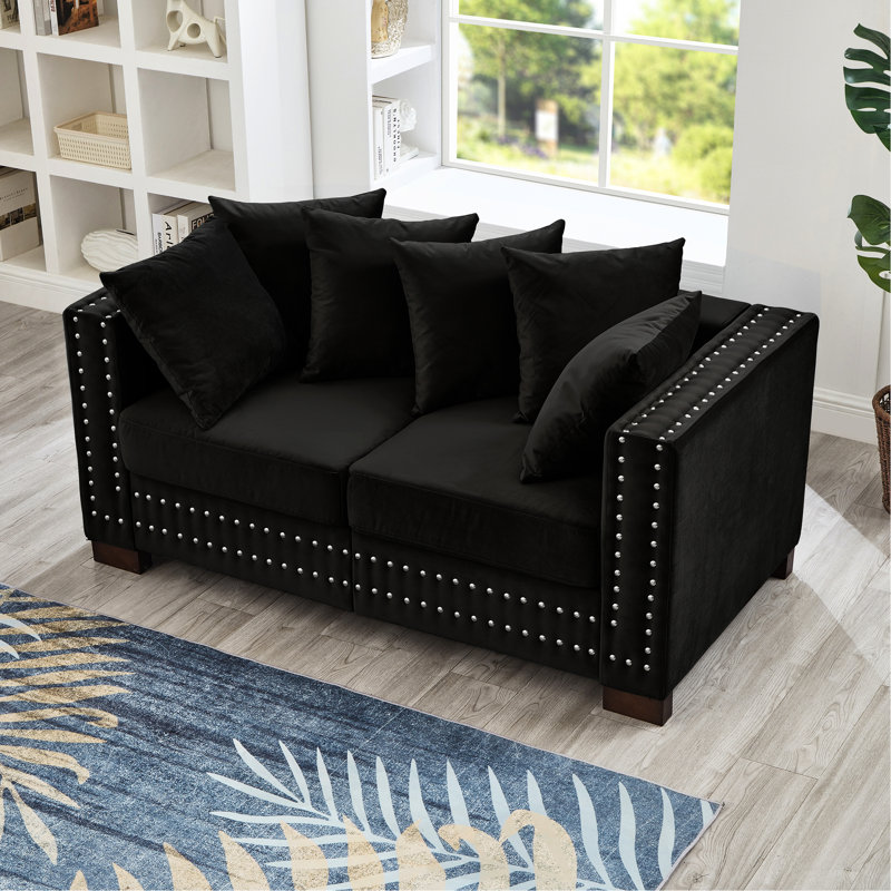 Velours noir moderne à 2 places, accoudoir carré orné de clous argentés, coussin à ressorts en éponge haute densité et ressorts ensachés, siège de rangement moderne, accoudoir, décoration cloutée, sièges, lavable
